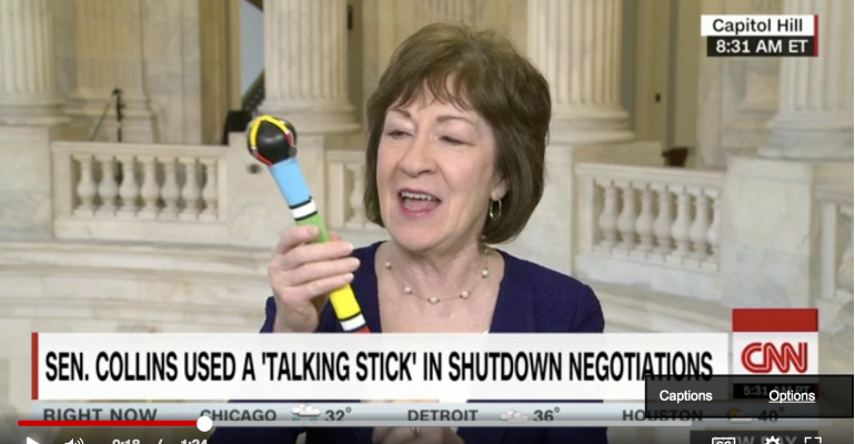 CNN screen shot of Sen. Susan Collins with talking stick