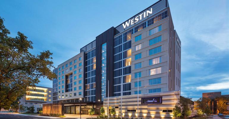 Exterior of the Westin Jackson at dusk