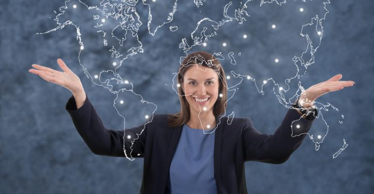 businesswoman with a world map