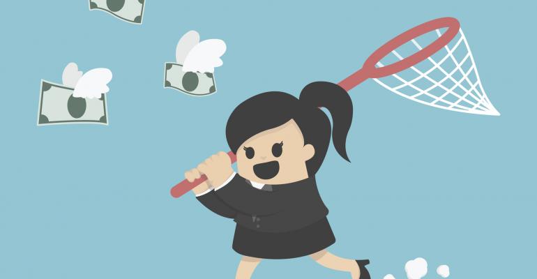 Cartoon woman catching dollars with butterfly net