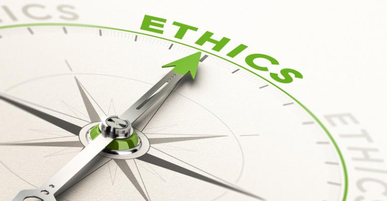 compass pointing to word "ethics"