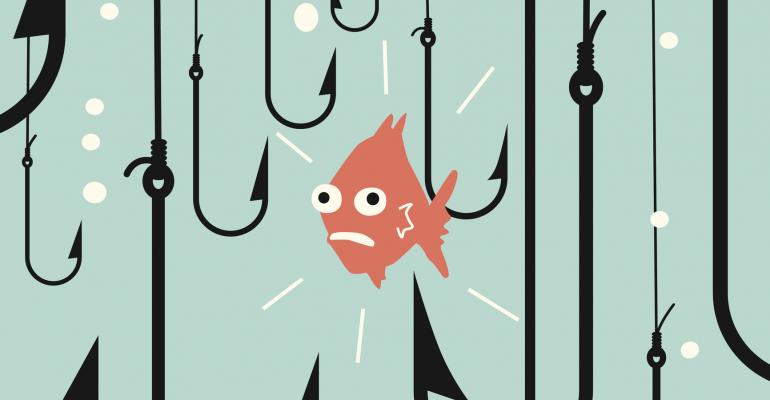 Fish surrounded by fish hooks