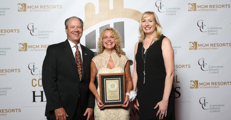 CIC HOL honoree Amy Spatrisano CMP center helped change the way we see sustainability as an industry She is flanked by David Dubois CMP CAE CTA FASAE the 2015 chair of the CIC Board of Directors and CEO of the International Association of Exhibitions and Events and Karen Kotowski CAE CMP CEO of the Convention Industry Council   