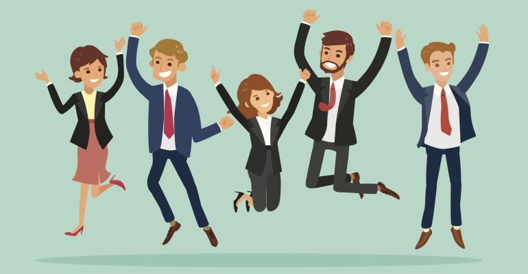 Cartoon happy business people jumping for joy