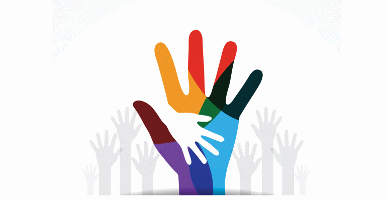 Multicolored hand reaching up to help other hands