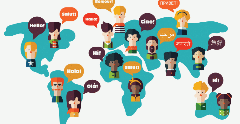 world map with people saying "hello" in different languages