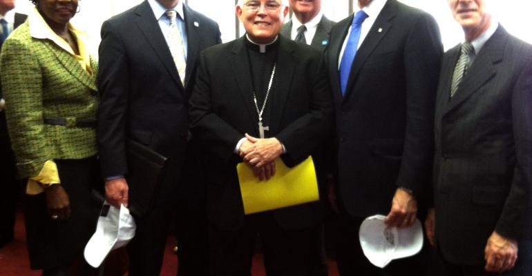 From left Ahmeenah Young Pennsylvania Convention Center Authority president and CEO Ed Grose Greater Philadelphia Hotel Association executive director Archbishop of Philadelphia Charles Chaput Jack Ferguson Philadelphia CVB president and CEO Dan Fitzpatrick Citizens Bank of PANJDENY president and CEO and Jim Cuarato Independence Visitor Center president and CEO