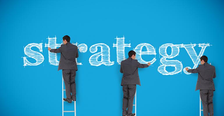 Three businessmen on ladders writing Strategy