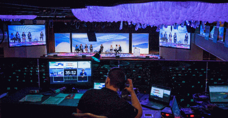 View of the Marriott Marquis ballroom stage from control center