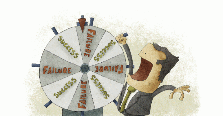 Cartoon man spinning wheel of fortune