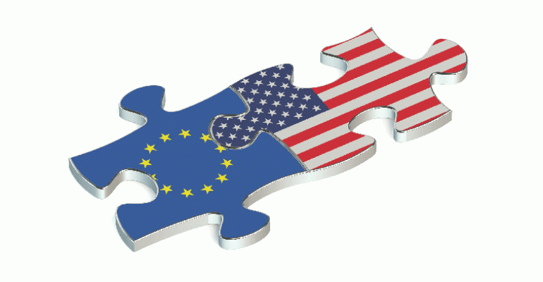 European Union and US flag puzzle pieces fitting together