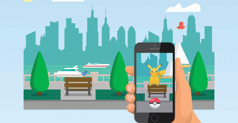 Cartoon hand holding cellphone with Pokemon Go