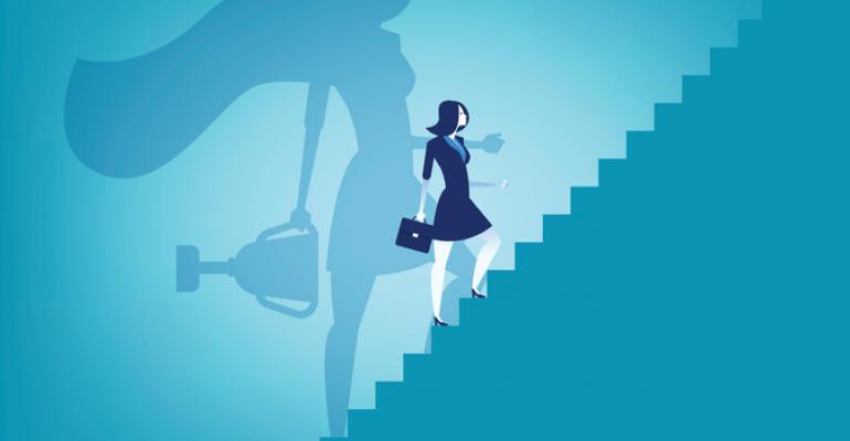 Illustration of woman climbing steps with superhero shadow