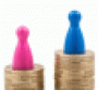 pink and blue pegs on unequal piles of coins