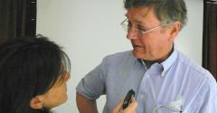 Nobel Laureate Tim Hunt being interviewed by one of those pesky women Paloma Baytelman who shared this photo on Flickr