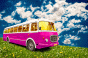 Pink bus in a green field