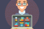 Cartoon salesman holding suitcase of goods