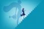 Illustration of woman climbing steps with superhero shadow