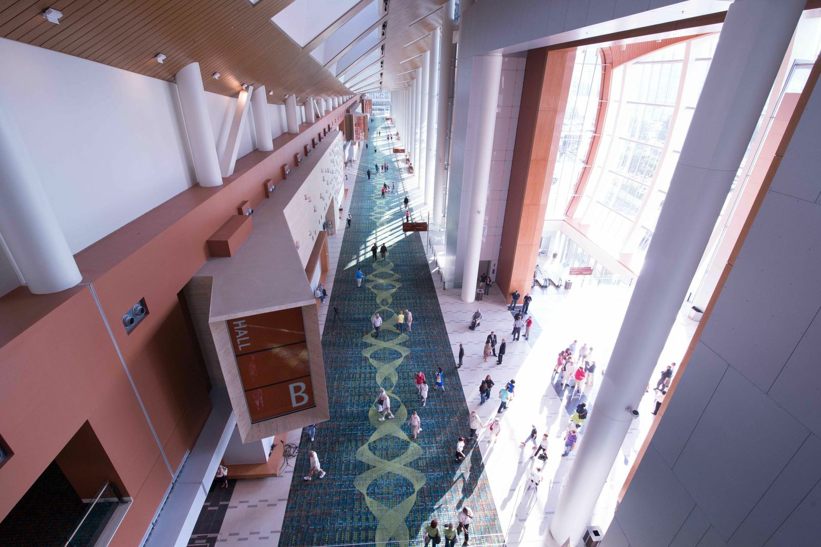 A view of one of the main hallways at the Nashville Music City Center, where the carpeting includes a design that emulates sound waves. Photo By: Joshua Clark Hendrick