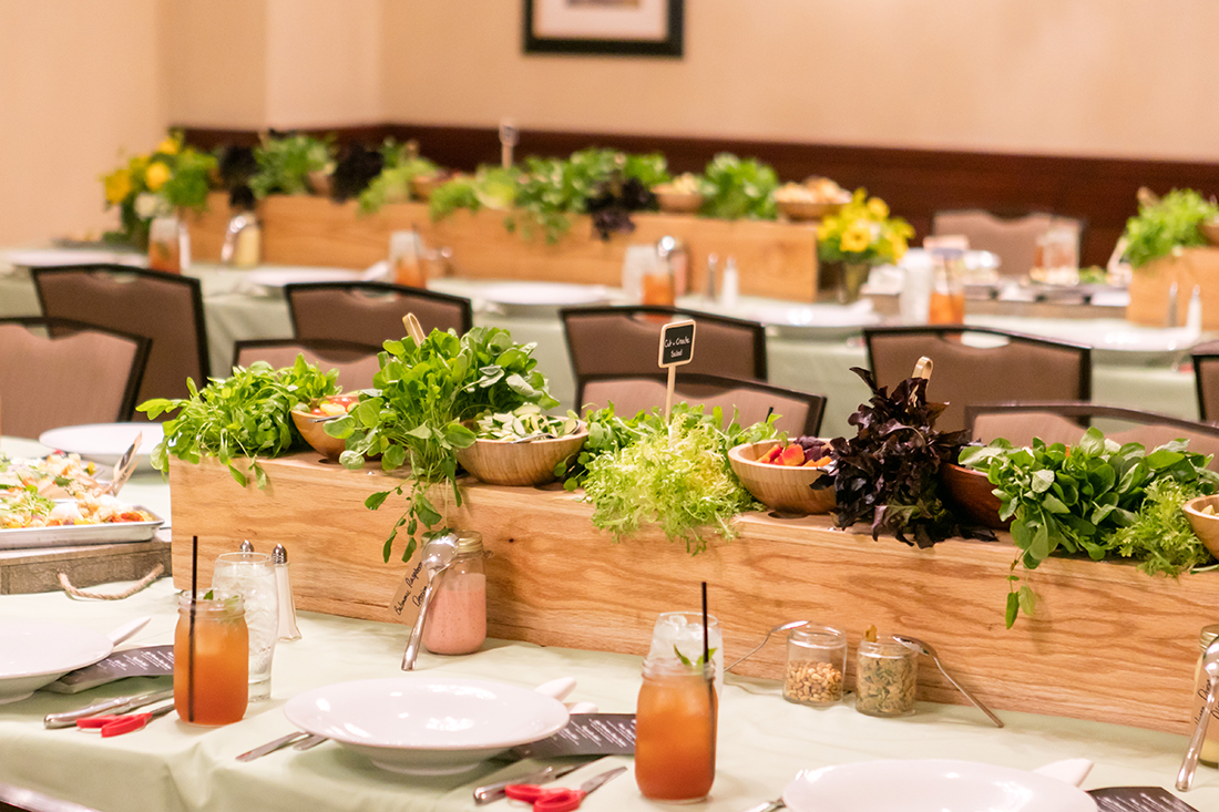 The Cut & Create setup is beautiful and enjoyable. In addition to creating their own base of salad greens and toppings, attendees are served a choice of proteins and whole grain breads as well.