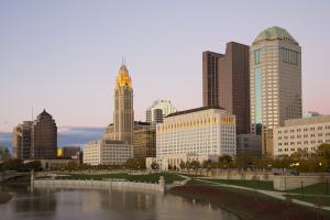 Columbus, Ohio's LeVeque Tower, lit gold at the top