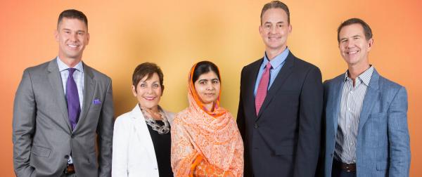 CHAT 2.0 (from left) Rob Adams, Bishop-McCann; Gloria Rudd, advisor; Malala Yousafzai, Nobel Peace Prize Laureate; Tracy Kinsey and Dan Nilsen, Bishop-McCann